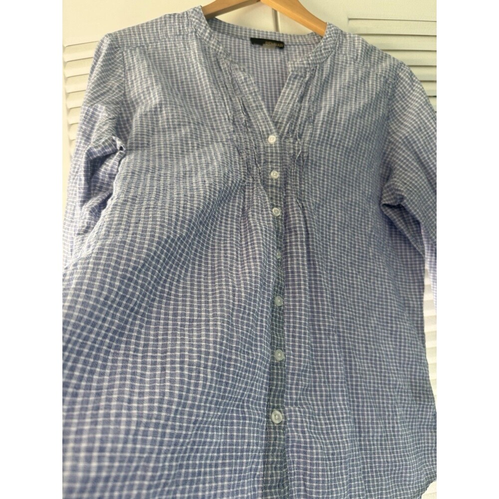 Renuar Blue Gingham Cotton Gauze Blouse Roll Tab High Low Sheer Top Medium - Picture 7 of 9